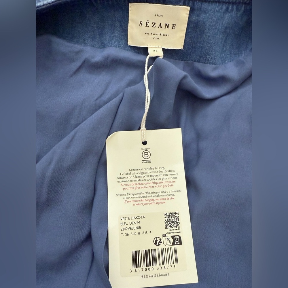 NWT Sézane Dakota Quilted Jacket in Denim Blue Sz 4 - Picture 9 of 16